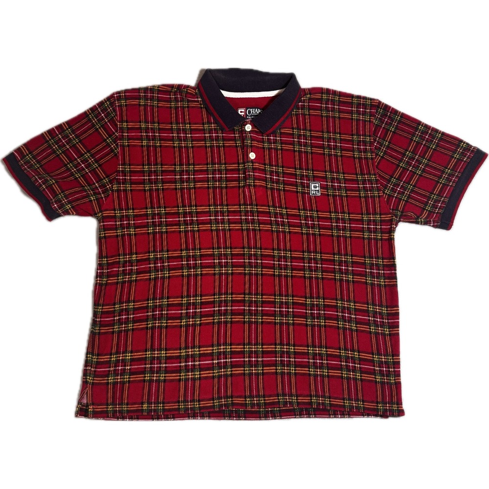 VNTG Chaps Ralph Lauren Mens XL Red Plaid Polo‎ Shirt Short Sleeve Pique Logo